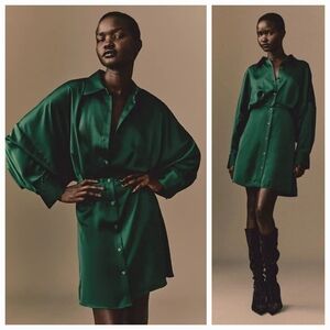 H & M Green Satin Shirt Dress ** Sz S